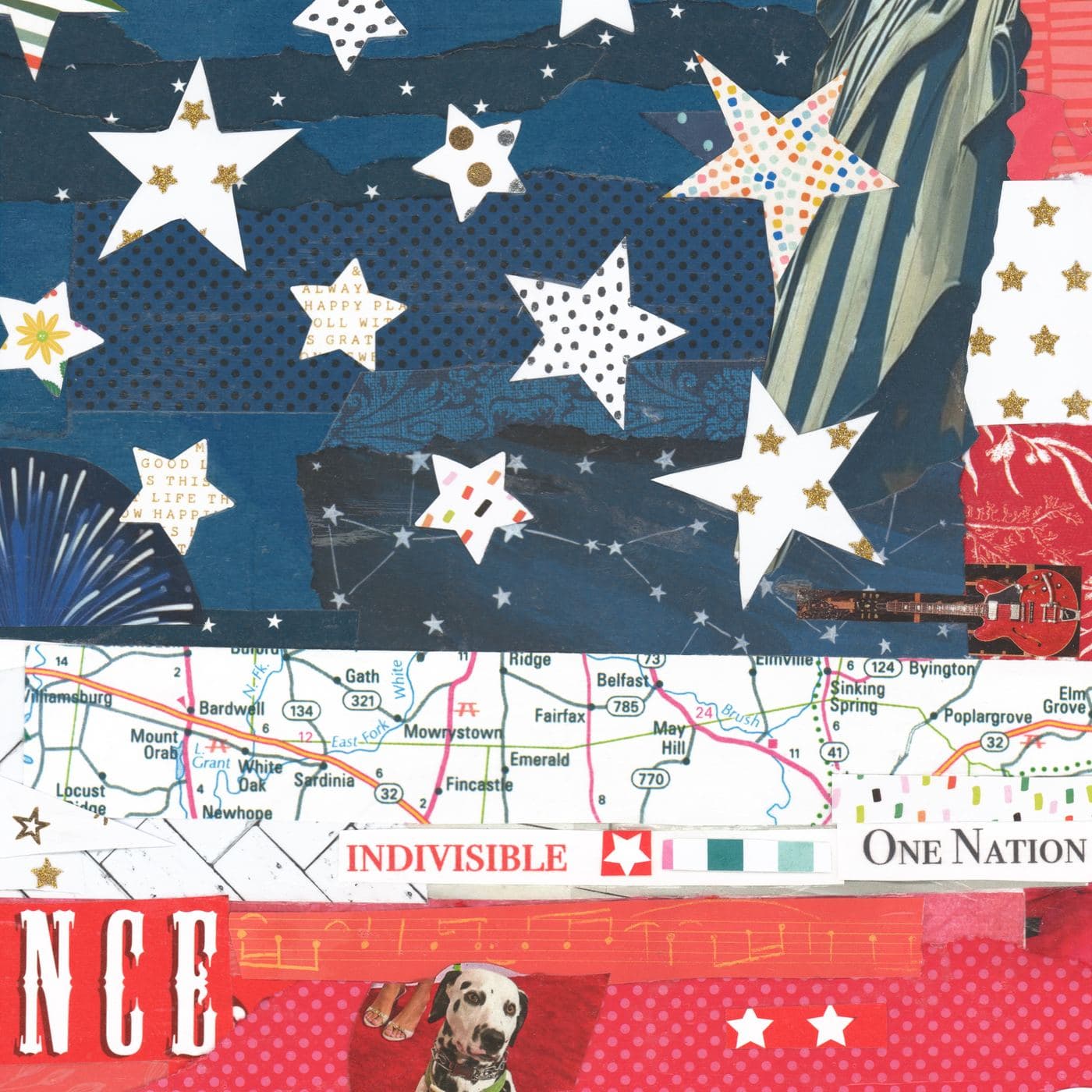 America the Beautiful — texture detail of the layered paper collage
