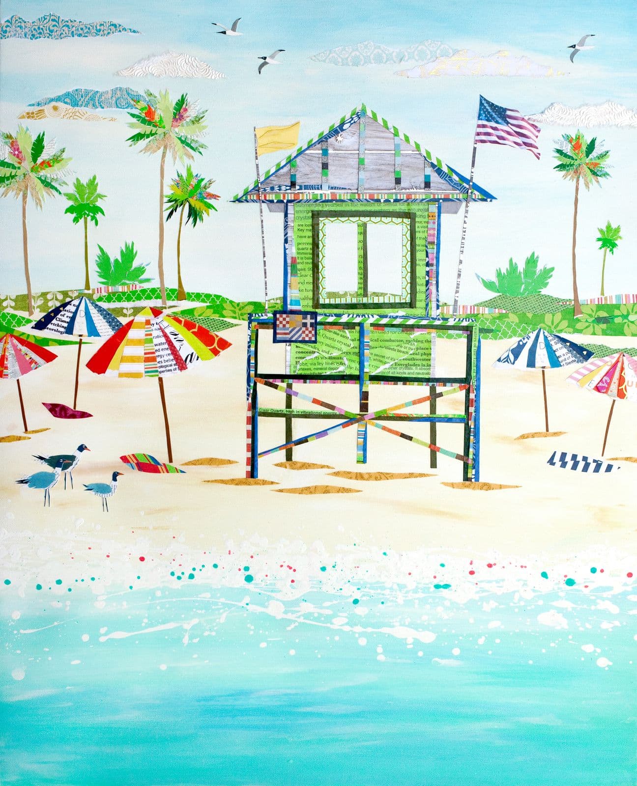 Beach Houses — Good Vibes - Green — layered paper collage by Jennifer Peck