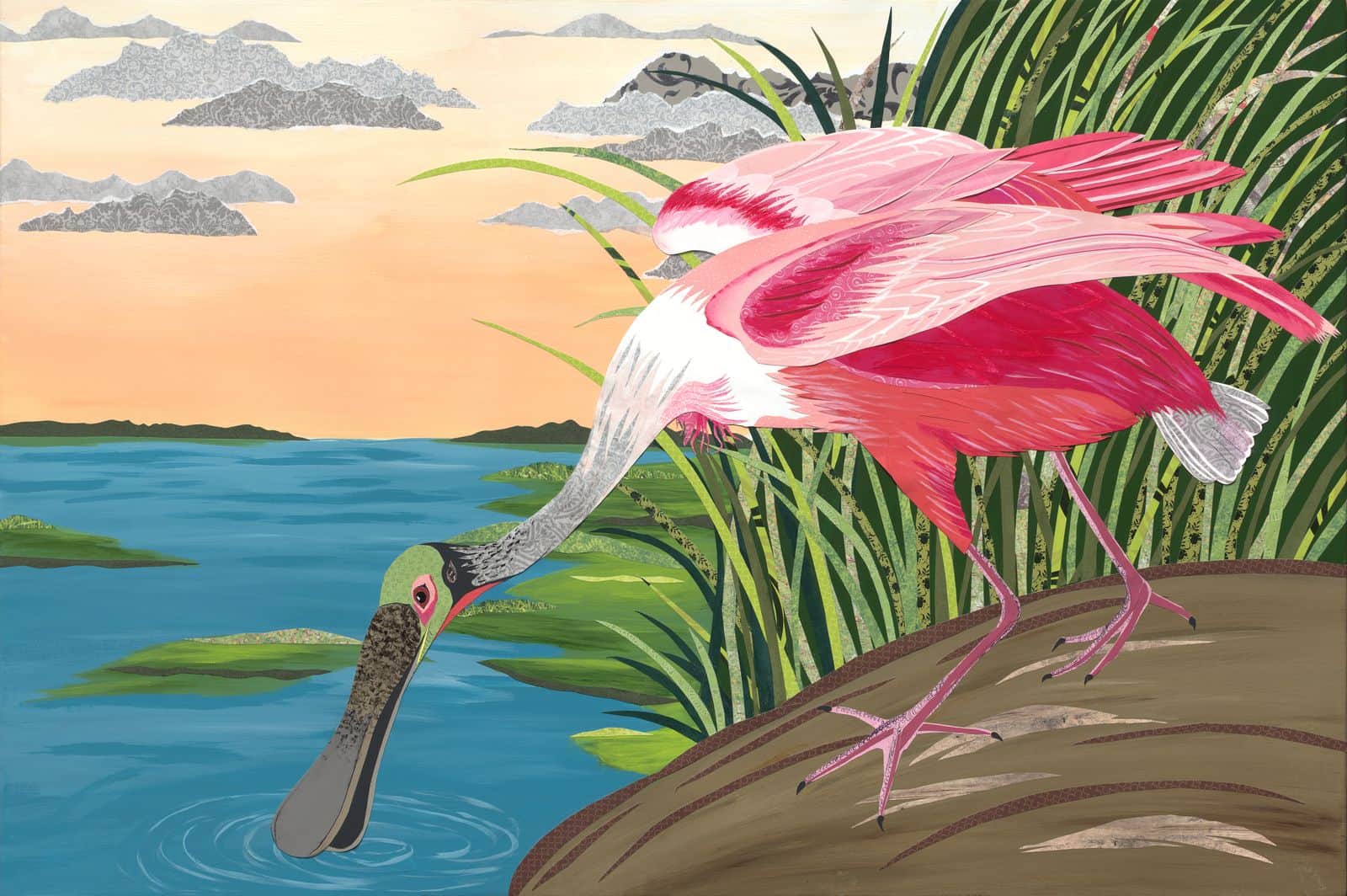 Ode to Audubon - Roseate Spoonbill — layered paper collage by Jennifer Peck