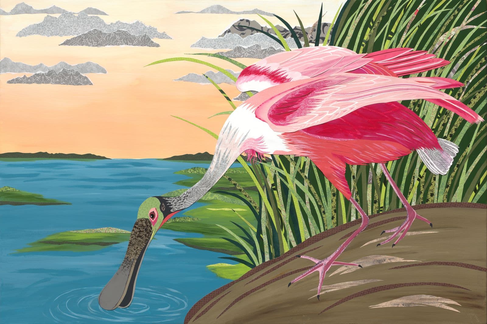 Birds — Ode to Audubon - Roseate Spoonbill — layered paper collage by Jennifer Peck