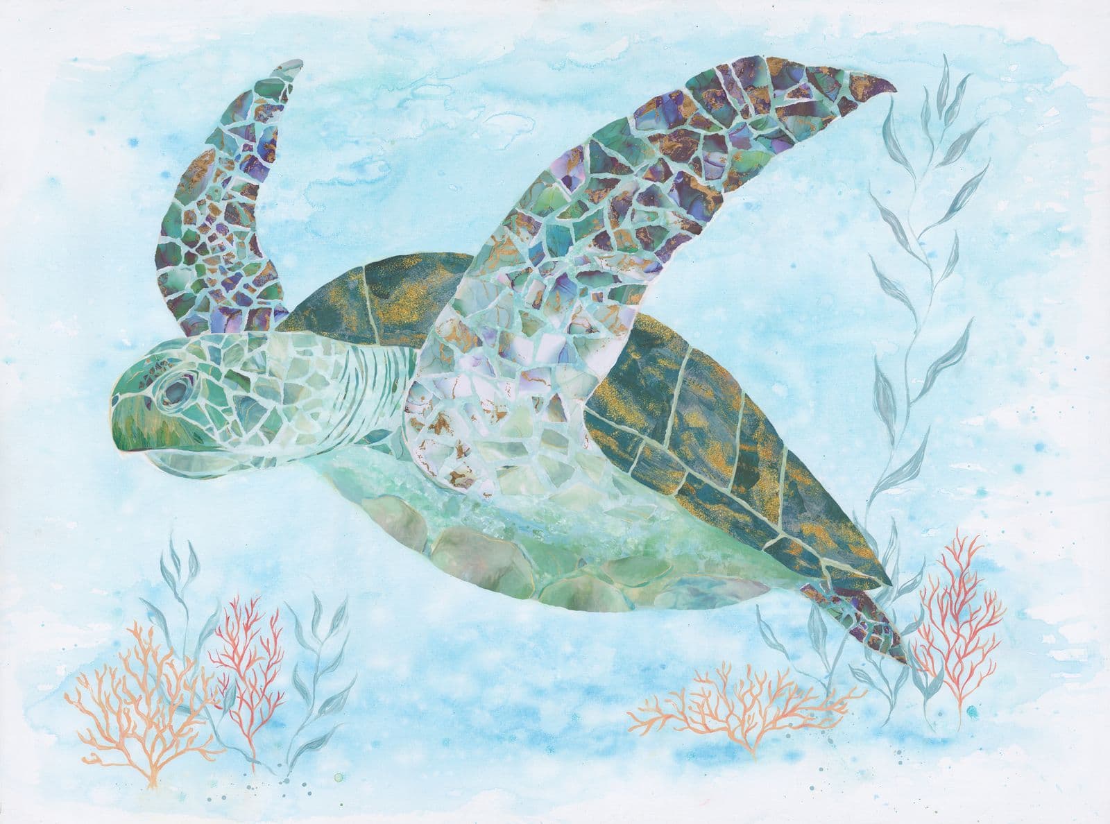 Old Man and the Sea — layered paper collage by Jennifer Peck