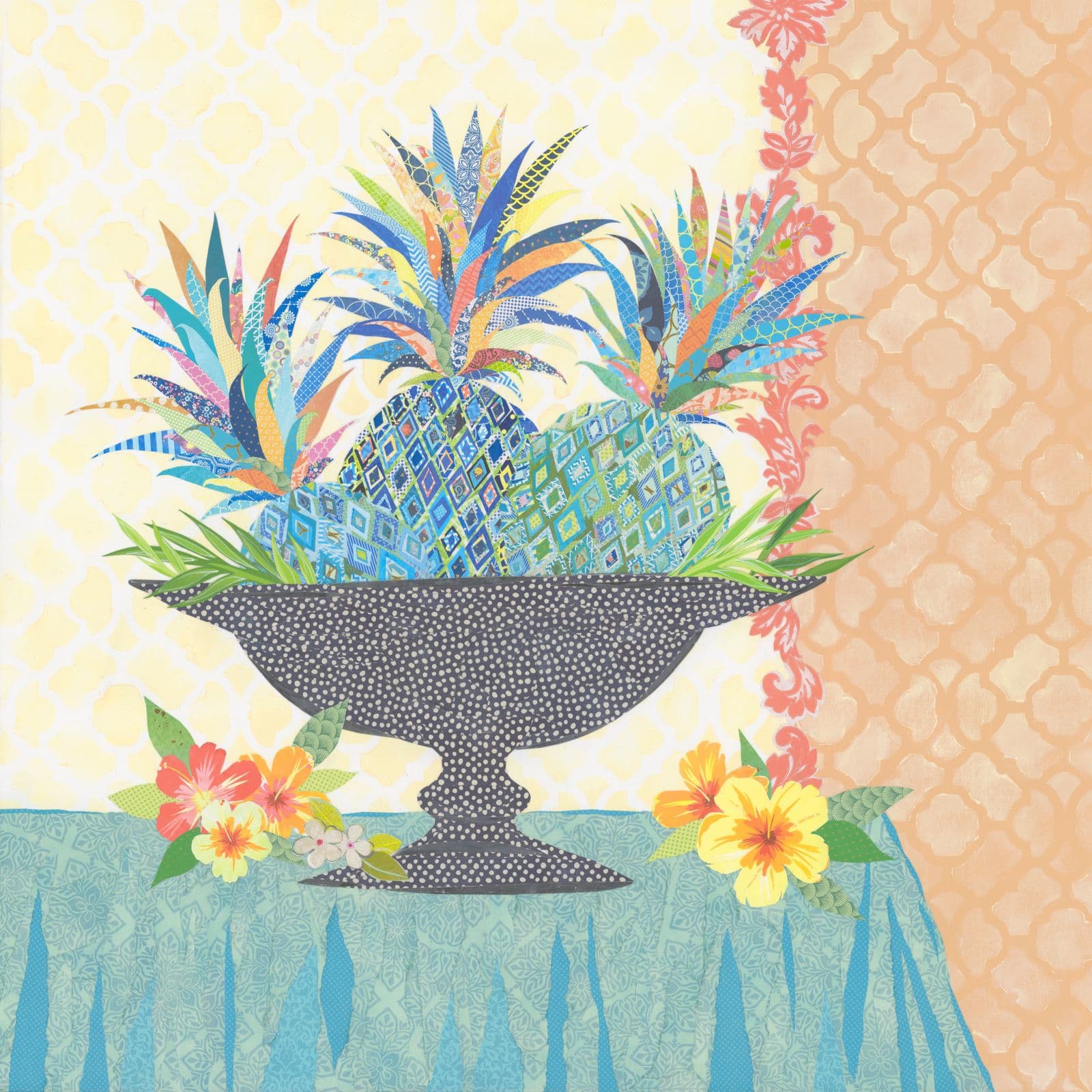 Peace, Love, and Pineapples — layered paper collage by Jennifer Peck