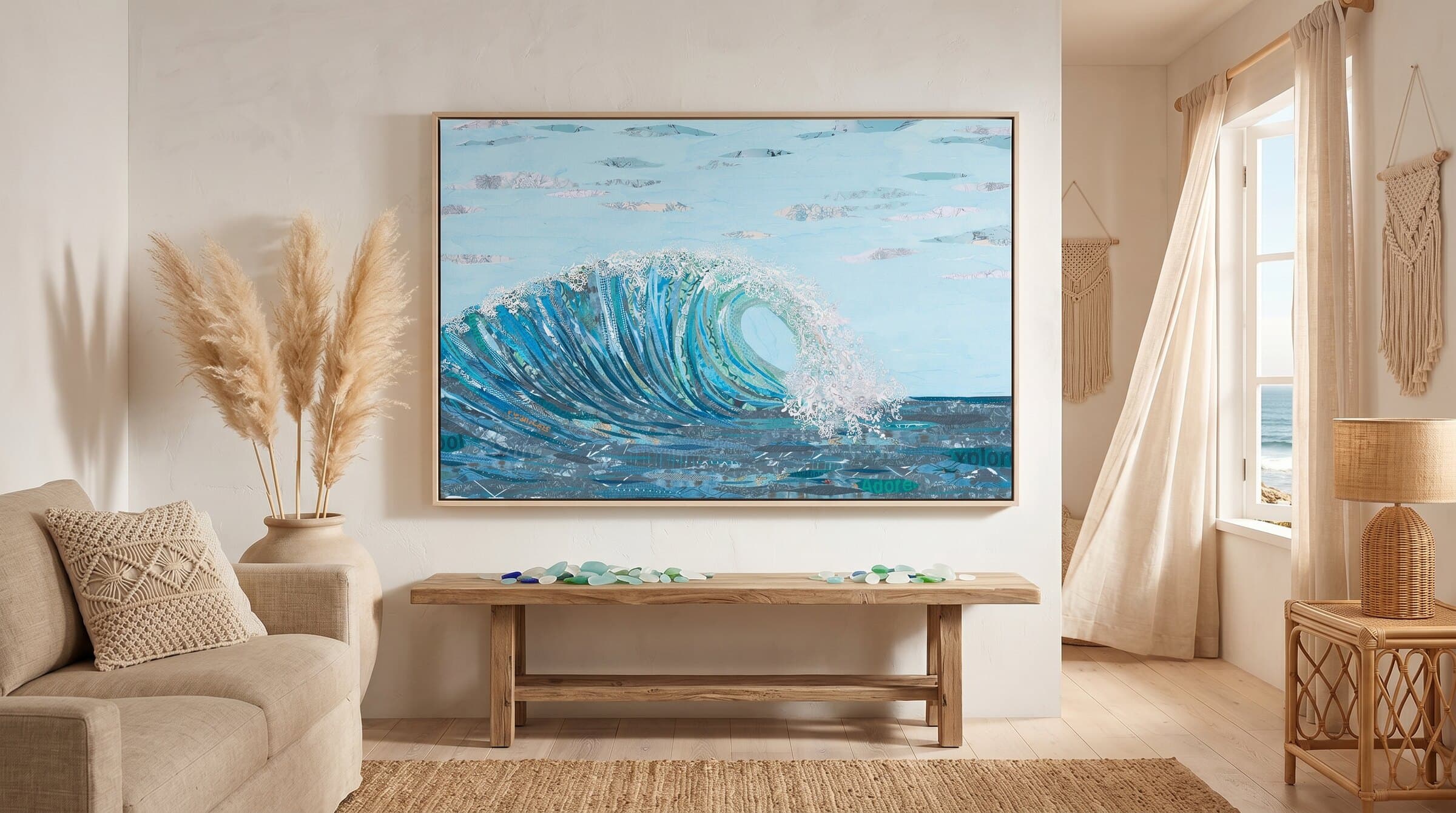 Big Kahuna, a hand-cut paper wave collage by Jennifer Peck, hanging in a sun-washed coastal living room