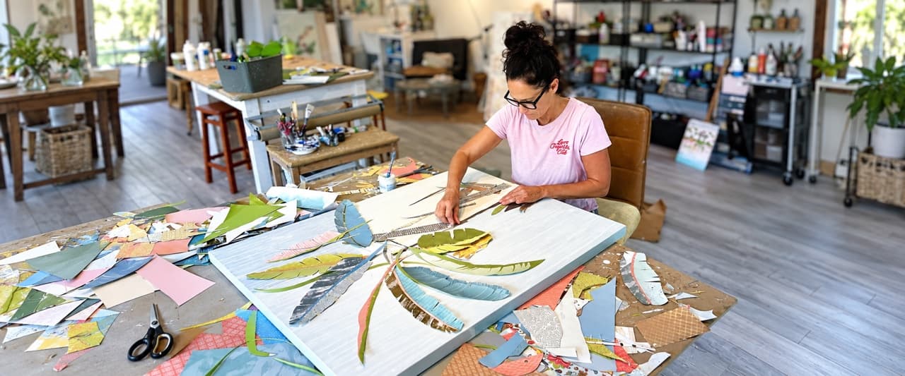 Jennifer at her studio table laying cut-paper palm leaves onto a canvas