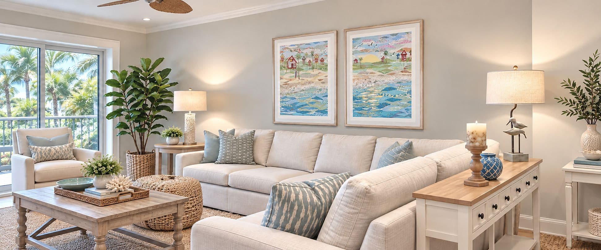 A pair of framed coastal collages above a sofa in a light living room